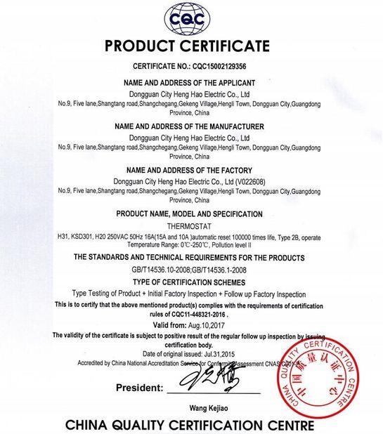 China Dongguan Heng Hao Electric Co., Ltd Certificaciones